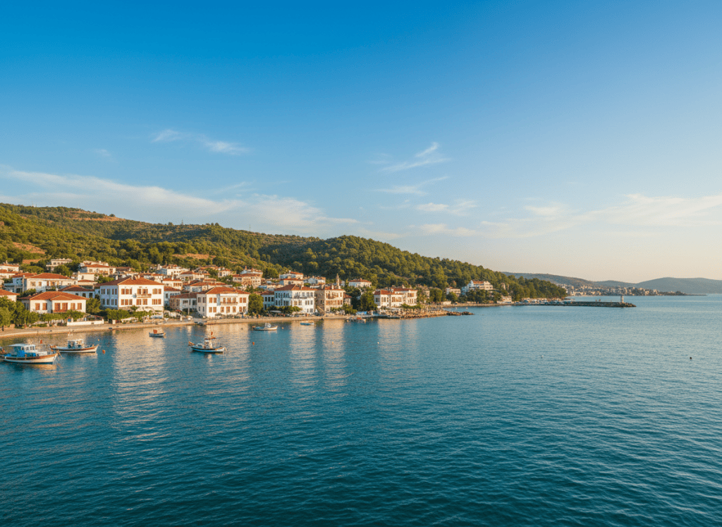 Ayvalık, Balıkesir, Türkiye'nin güzel kıyı manzarası. Ege denizi, beyaz boyalı evler, yeşil tepeler ve mavi gökyüzü ile huzurlu bir sahil kasabası atmosferi. Hero banner için geniş panoramik fotoğraf.