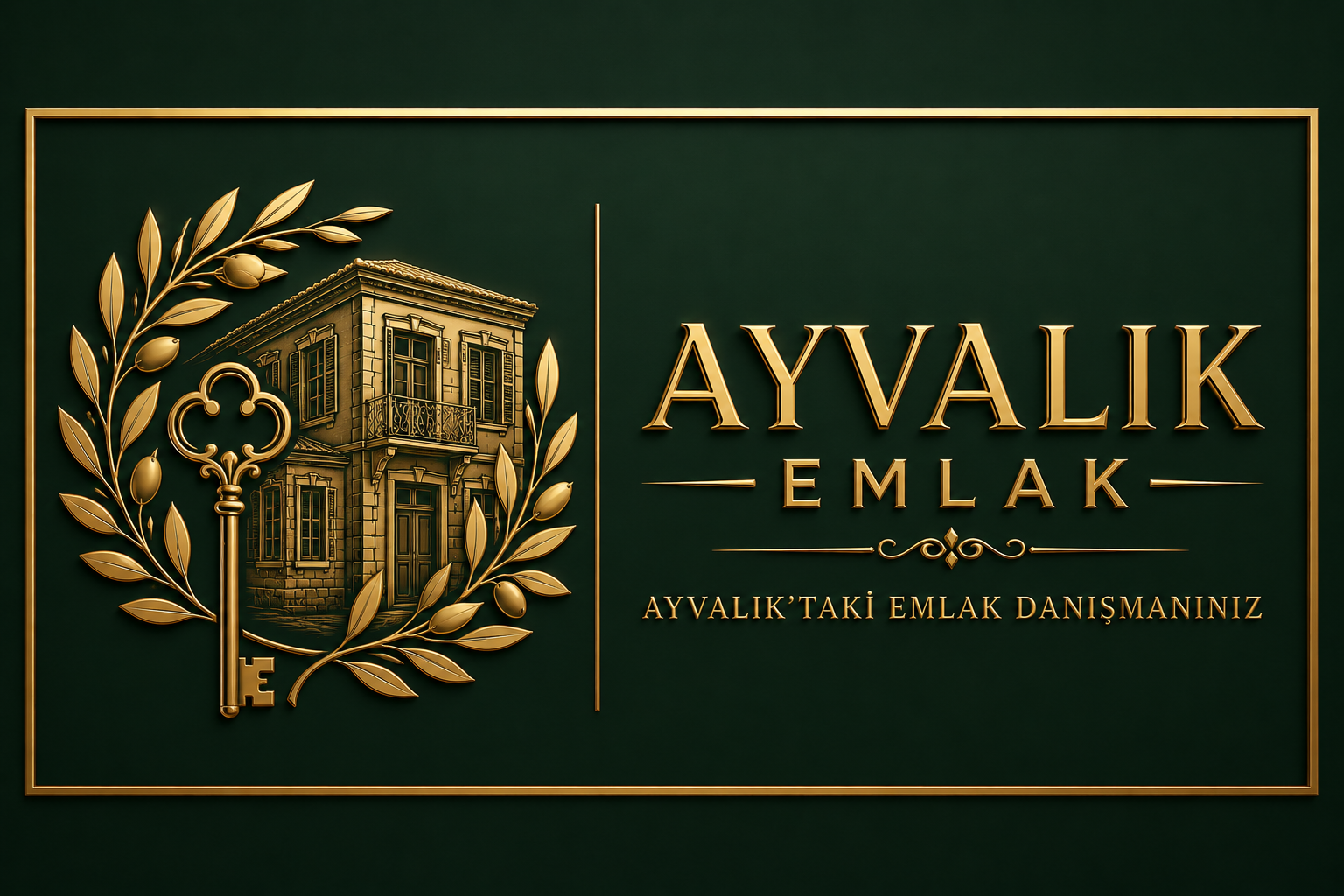 Turkish The image features a logo with a key and a building, accompanied by the text "AYVALIK EMLAK" in gold letters on a ...